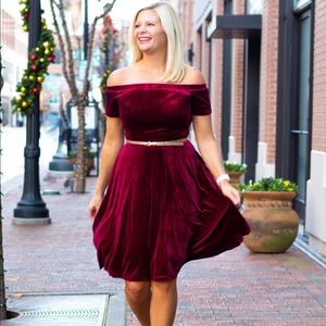 Red velvet off the shoulder dress
